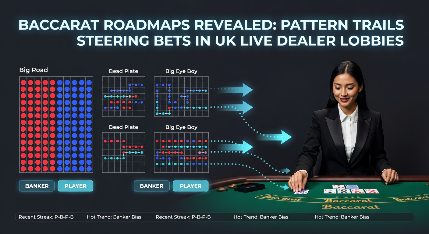 Close-up of multiple Baccarat roadmaps including Big Road, Big Eye Boy, Small Road, and Cockroach Road displayed on a live casino screen with highlighted streak patterns