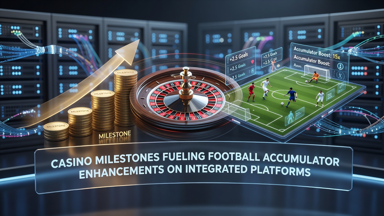 Integrated casino and sports betting dashboard showing football accumulator options alongside casino milestone progress trackers