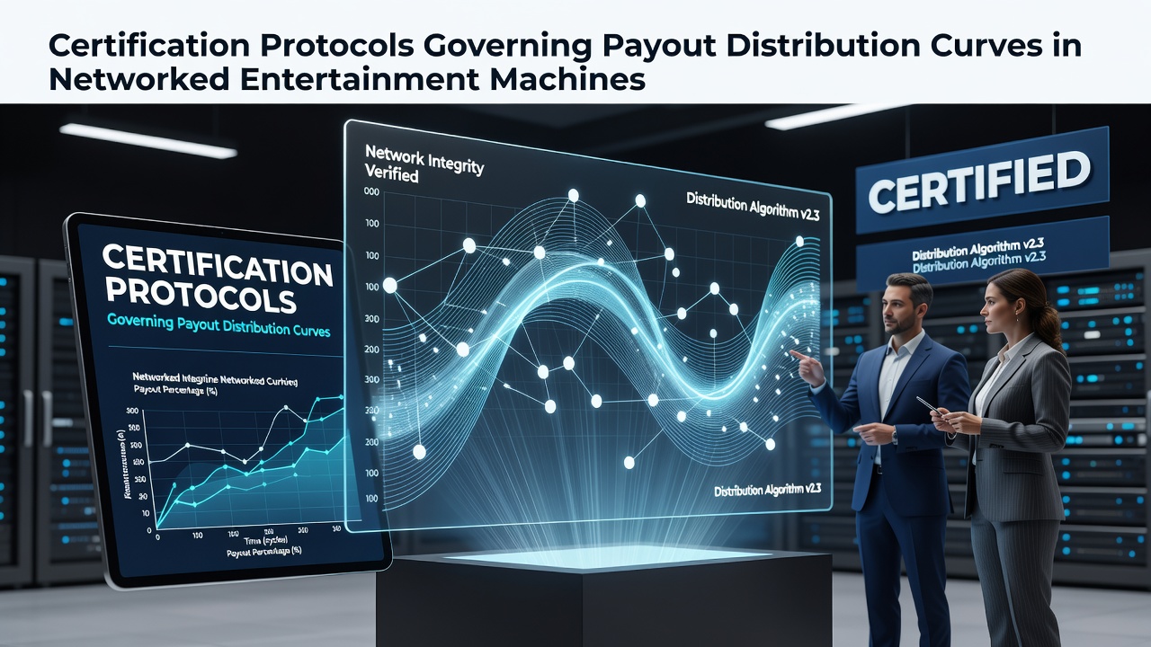 Networked slot machines connected to central servers displaying payout analytics dashboards