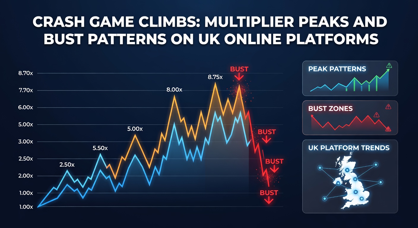 Graph showing crash game multiplier climbing before a sudden drop, with peaks highlighted on a UK online platform interface