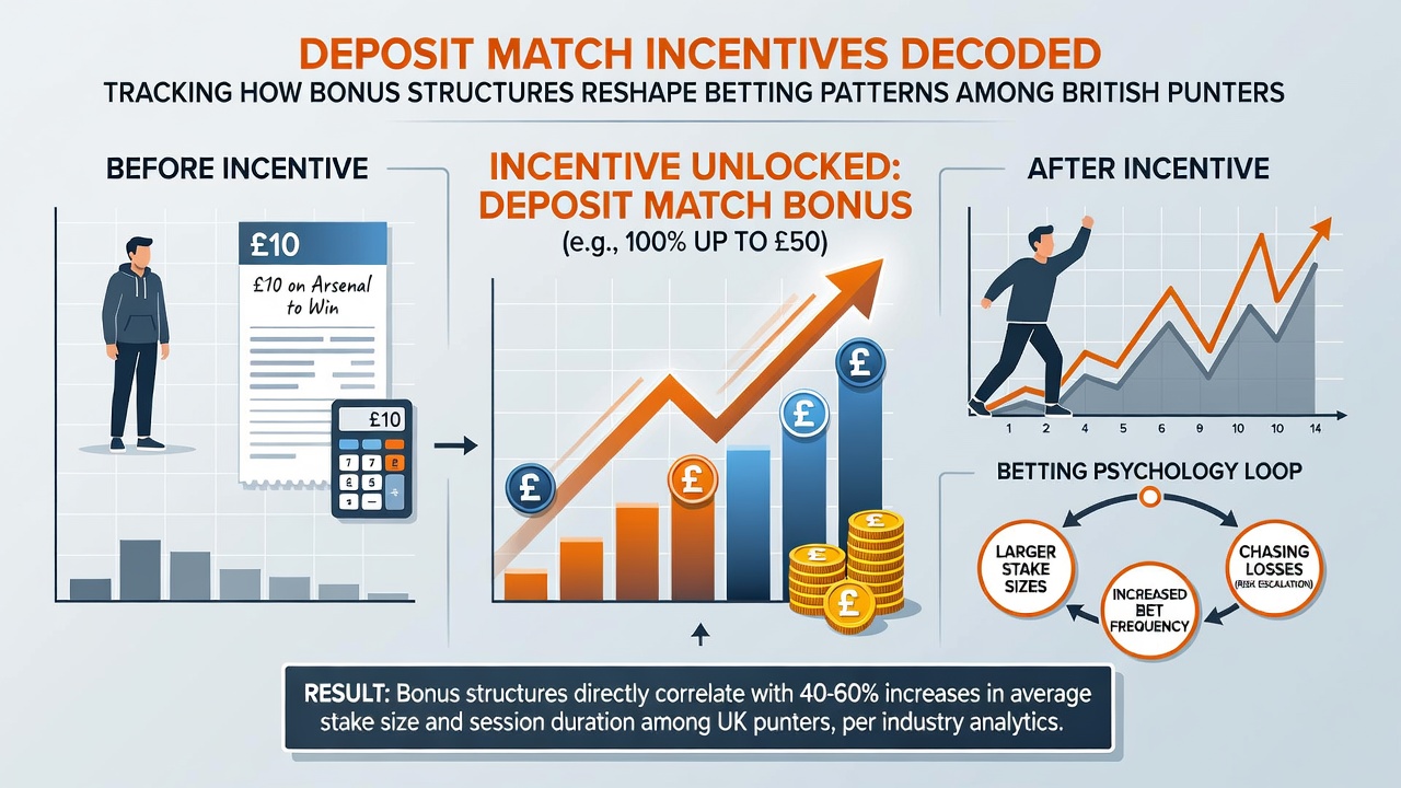 Data visualization of betting pattern changes among UK players after deposit match incentives with charts showing volume and game type distribution