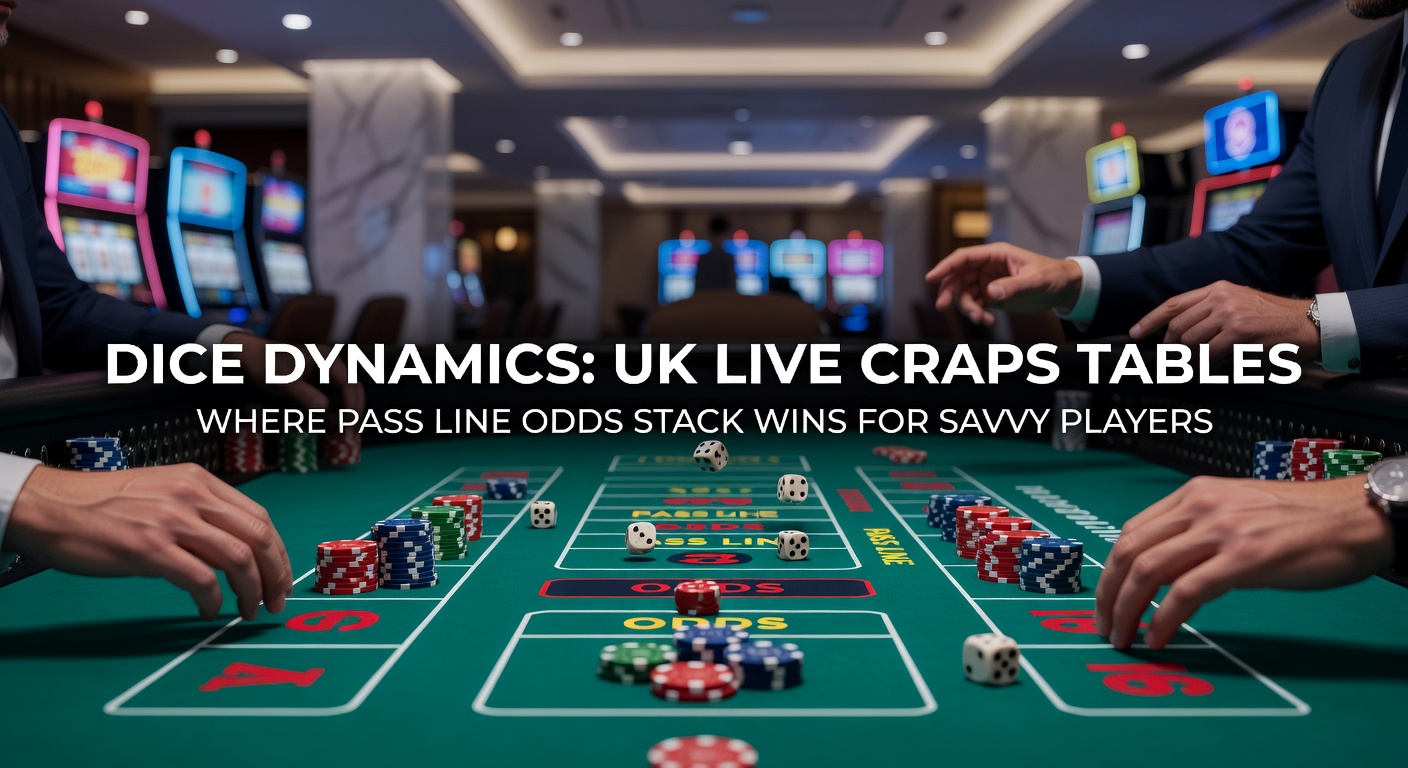 Vibrant UK live craps table with dice rolling towards the pass line marker, surrounded by engaged players and a dealer