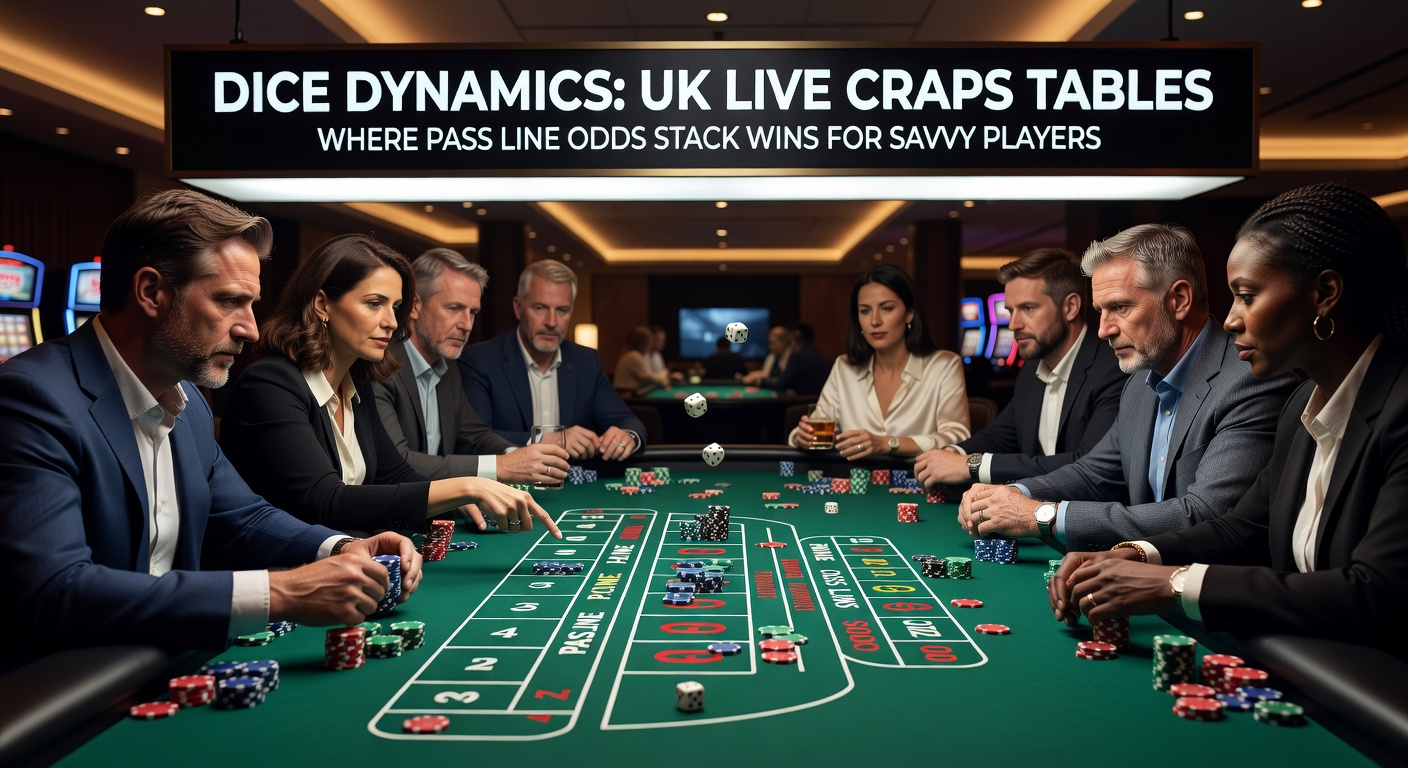 Close-up of dice showing a point number on a UK craps layout, with odds chips stacked high behind the pass line bet