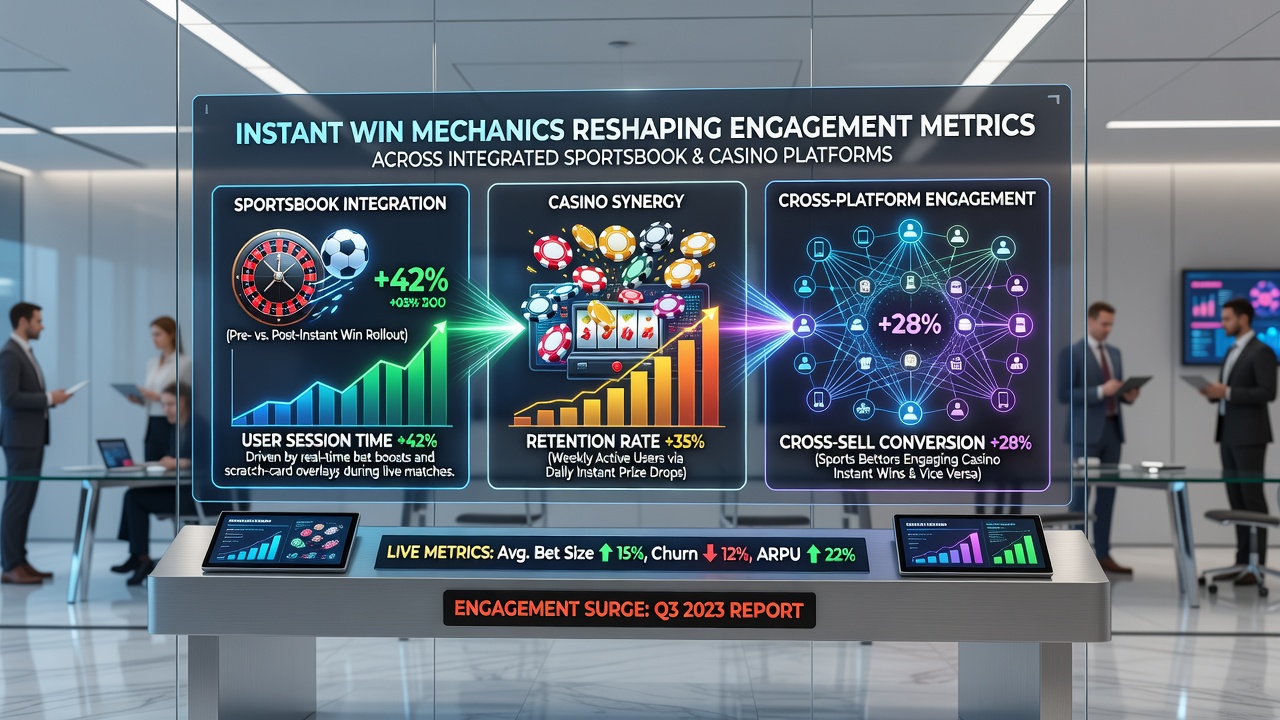 Analytics dashboard displaying engagement metrics for instant win features on a hybrid betting platform