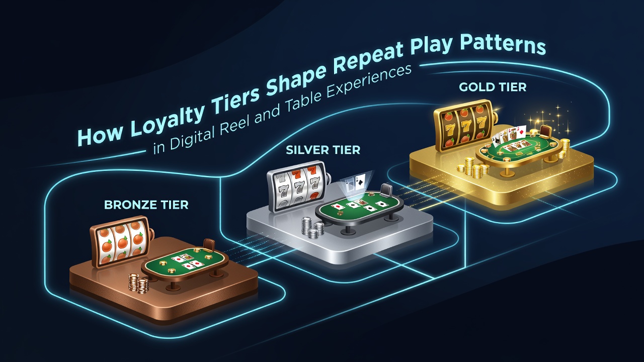 Loyalty tier progression dashboard showing bronze to platinum levels with associated rewards in an online casino platform