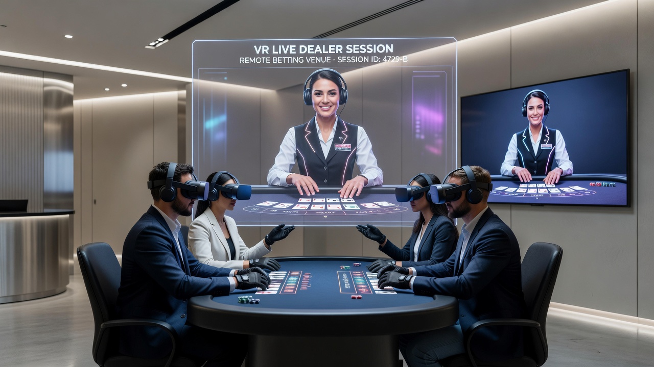 Virtual reality headset displaying a live dealer casino table with interactive elements