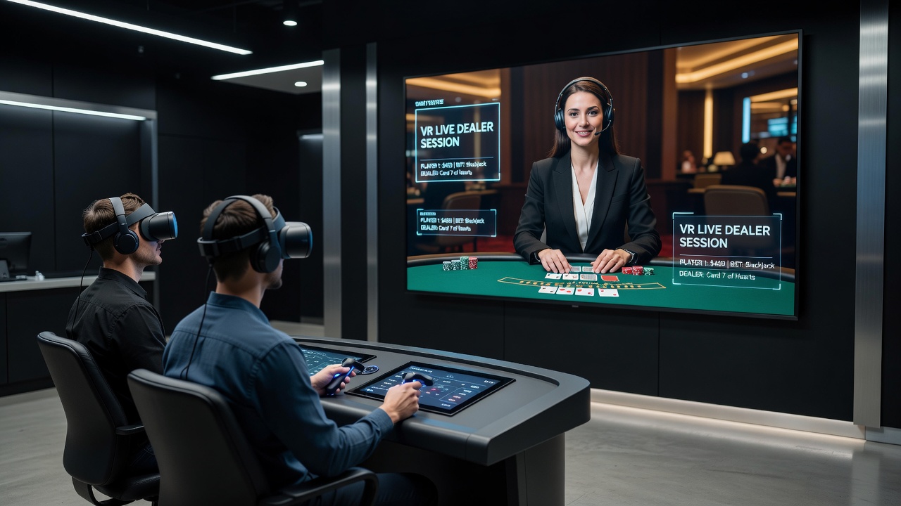 Players engaging with VR live dealer roulette wheel in a simulated casino setting