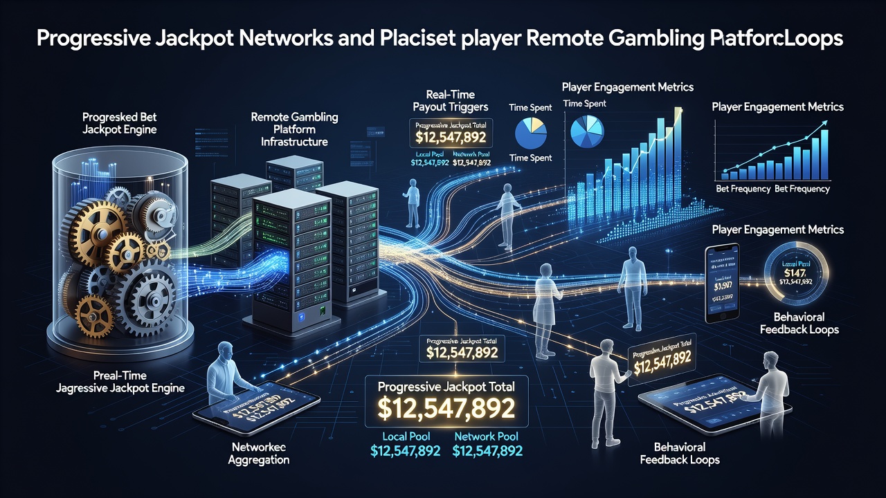Diagram showing interconnected progressive jackpot pools across multiple remote casino platforms with contribution flows highlighted