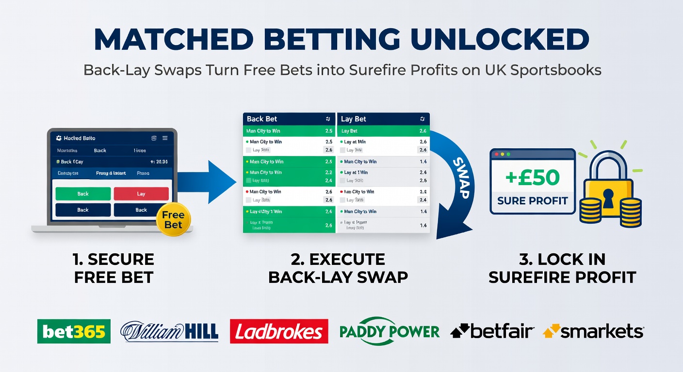 Infographic illustrating a back-lay matched bet with arrows showing profit extraction from a free bet promotion
