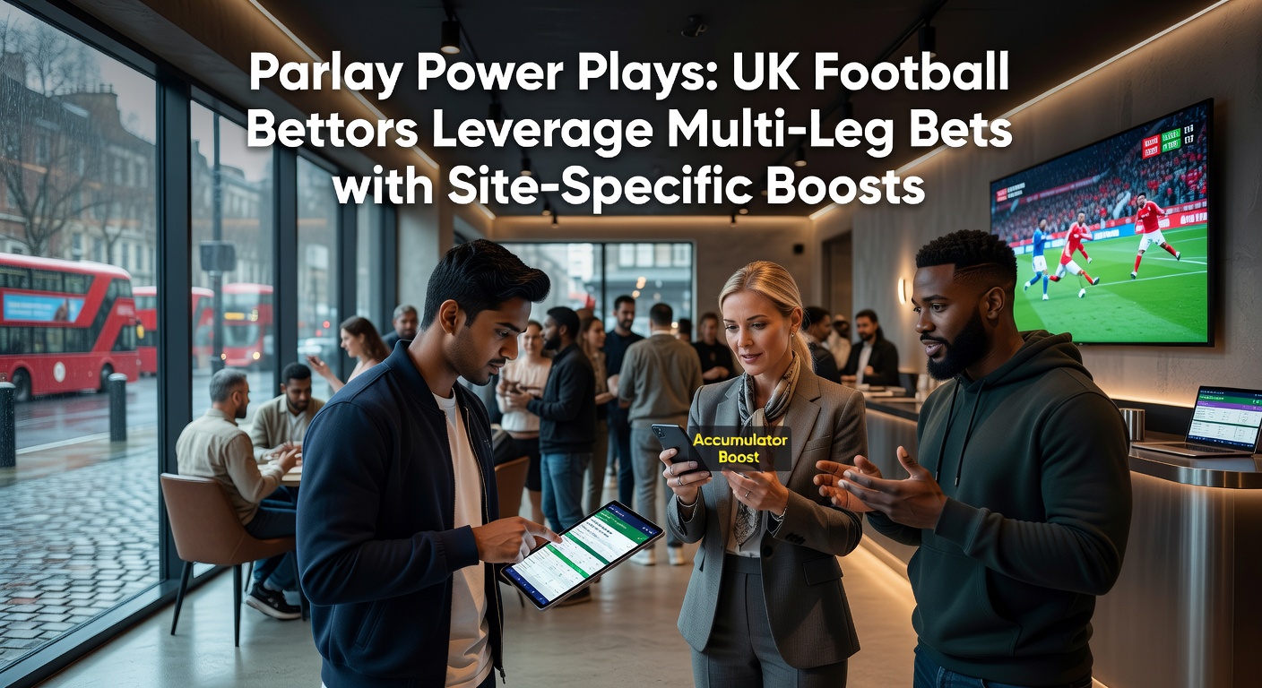 UK football fans huddled around screens, placing multi-leg parlay bets during a lively Premier League match, highlighting the thrill of accumulators with bookmaker boosts