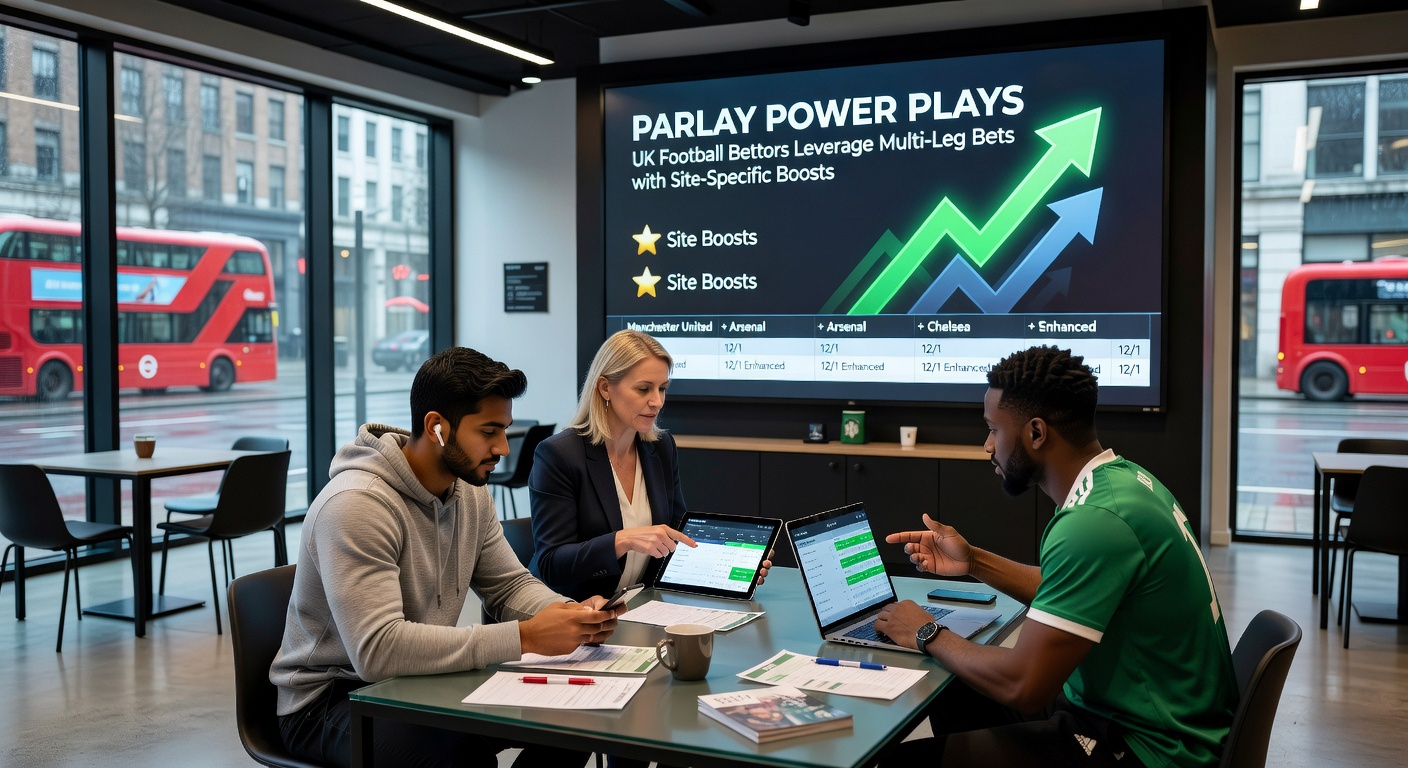 Close-up of a parlay slip on a betting app showing multi-leg football selections with glowing boost icons, odds multipliers active during a Premier League weekend