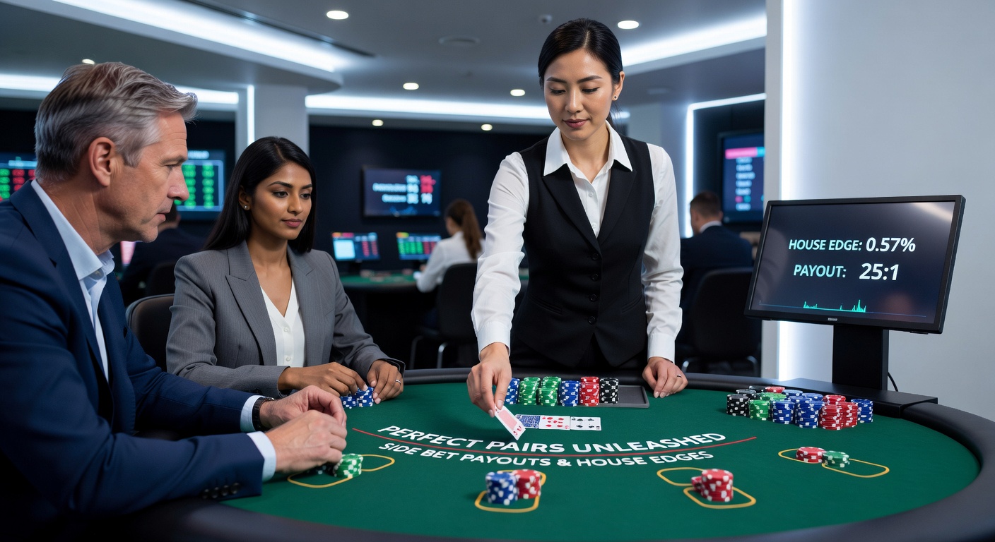 Live dealer dealing cards at a UK online blackjack table with Perfect Pairs side bet highlighted on the interface