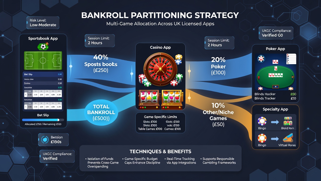 Screenshot showing partitioned bankroll dashboard with separate meters for casino, sports, and live games on a UK app