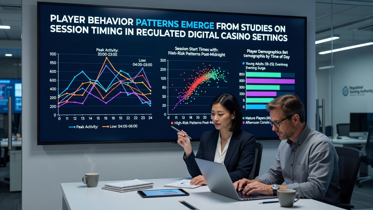 Digital casino interface showing session timing data and player activity graphs on a regulated platform