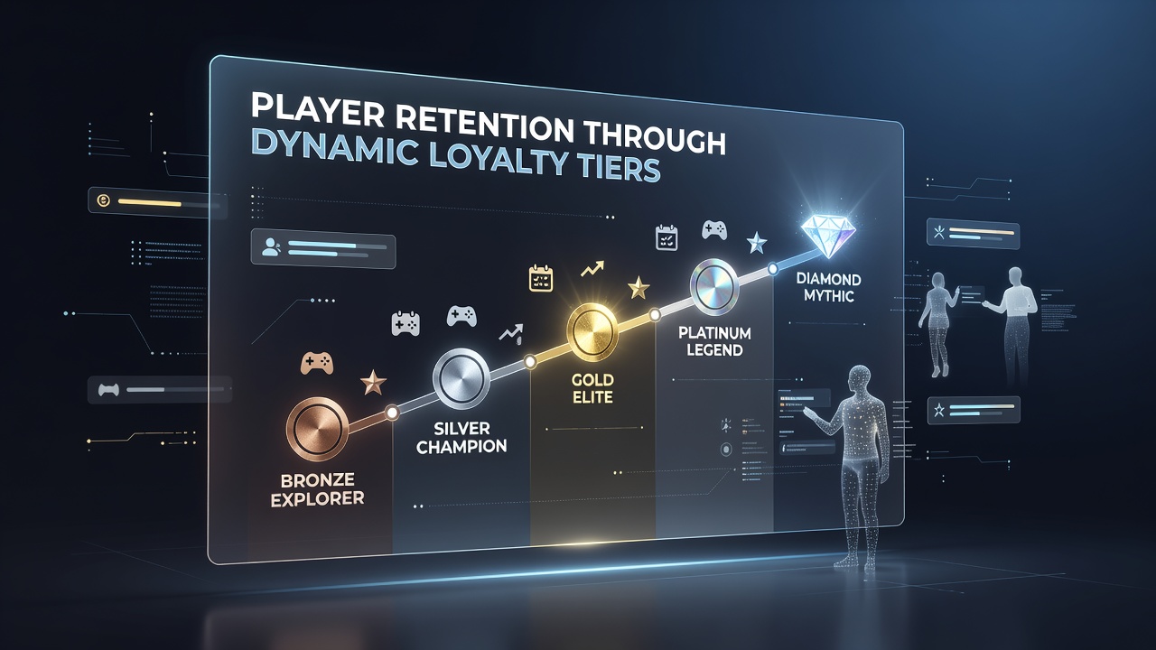 Digital interface showing tier progression in a gaming loyalty program with player avatars and reward indicators