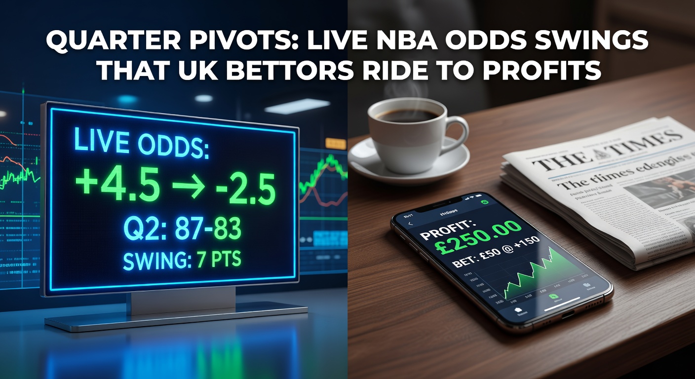 Dynamic NBA court action showing players in fast break during a pivotal quarter shift, highlighting momentum swings that drive live betting odds