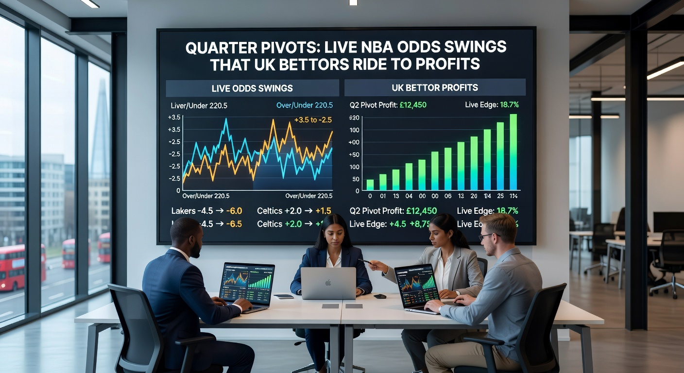 Close-up of a betting interface displaying live NBA quarter odds swinging sharply, with charts showing pivot points during a high-stakes game