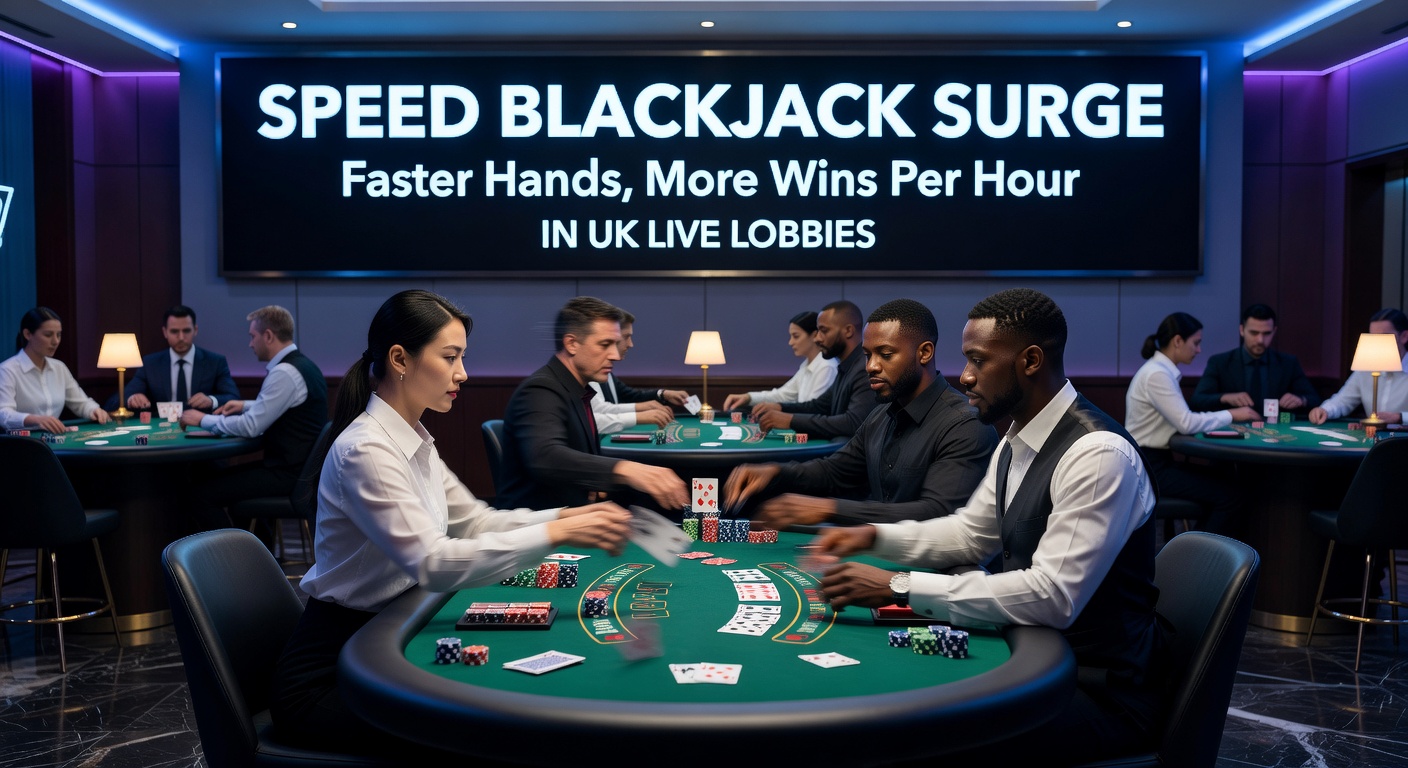 Dynamic speed blackjack live table with cards flying fast amid dealer action and player bets stacking up