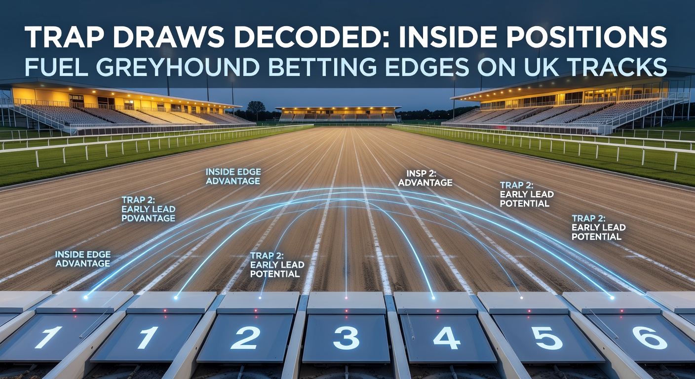 Greyhounds bursting from traps at a UK track, showcasing the critical start positions that influence race outcomes