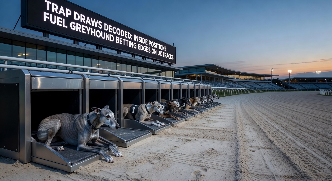 Close-up of trap positions on a UK greyhound track, illustrating inside advantages during the bend