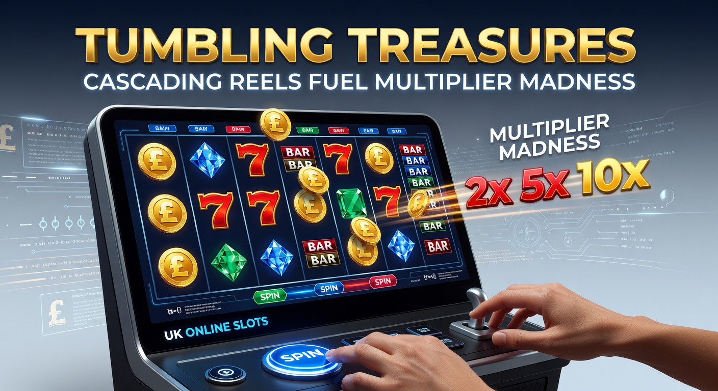 Dynamic screenshot of cascading symbols tumbling in a vibrant UK online slot, multipliers glowing as wins chain together