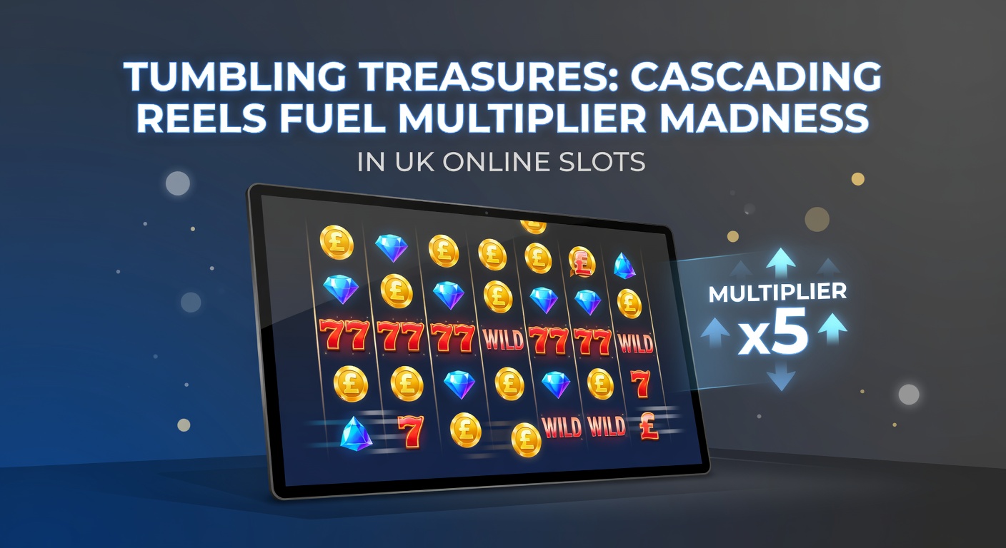 Explosive multiplier chain reaction in a tumbling reels slot, golden treasures cascading amid sparkling effects on a UK casino interface