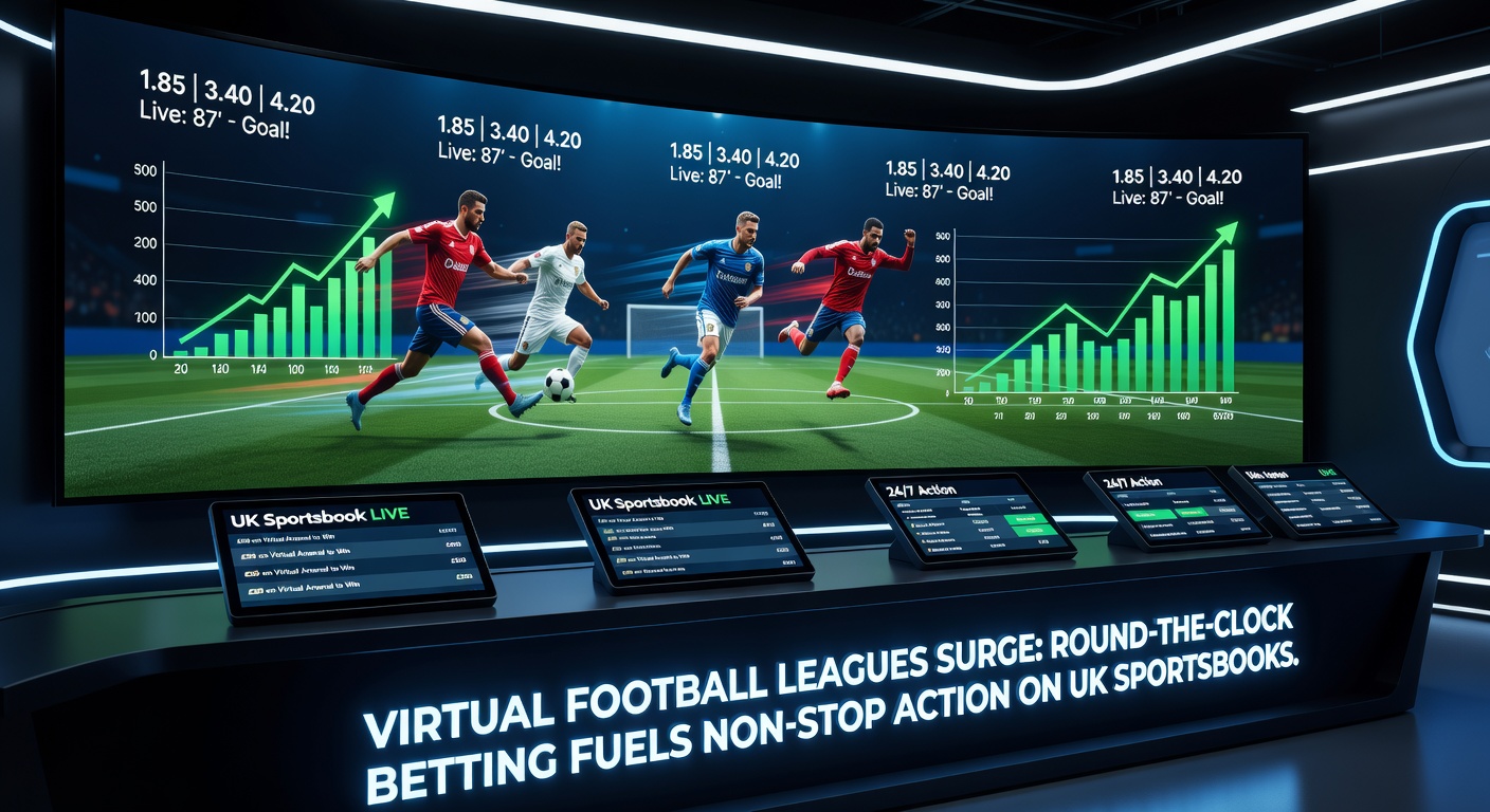 Animated virtual football match on a digital pitch with betting odds overlayed on a sportsbook interface