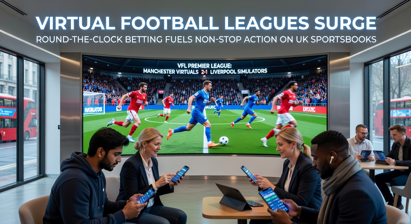 Close-up of virtual football betting interface showing live odds, in-play markets, and a simulated goal celebration